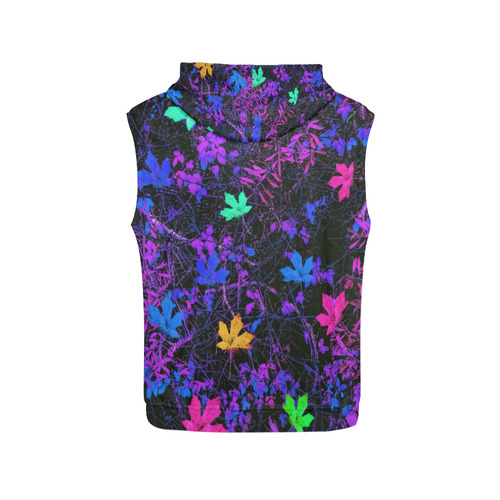 maple leaf in pink blue green yellow purple with pink and purple creepers plants background All Over Print Sleeveless Hoodie for Men (Model H15)