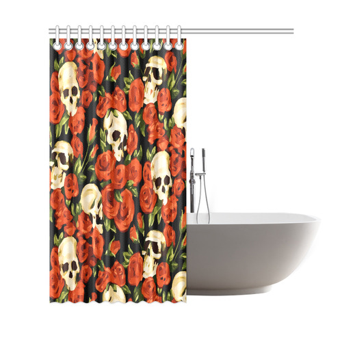 Skulls With Red Roses Floral Watercolor Shower Curtain 69"x72"