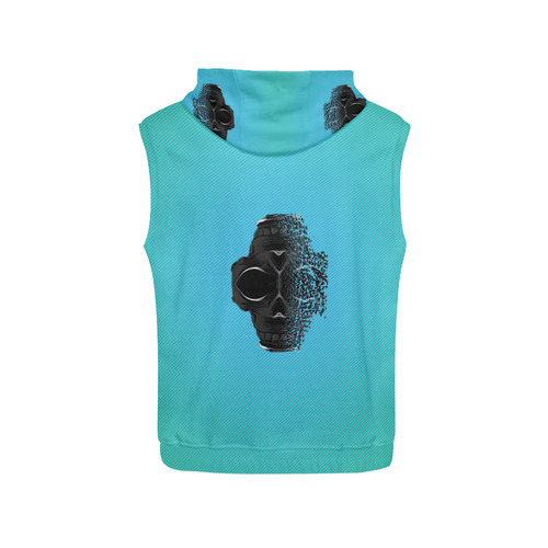 fractal black skull portrait with blue abstract background All Over Print Sleeveless Hoodie for Men (Model H15)
