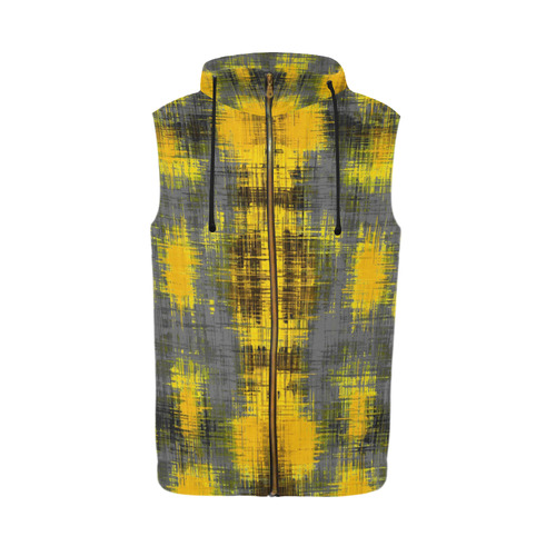 geometric plaid pattern painting abstract in yellow brown and black All Over Print Sleeveless Zip Up Hoodie for Men (Model H16)