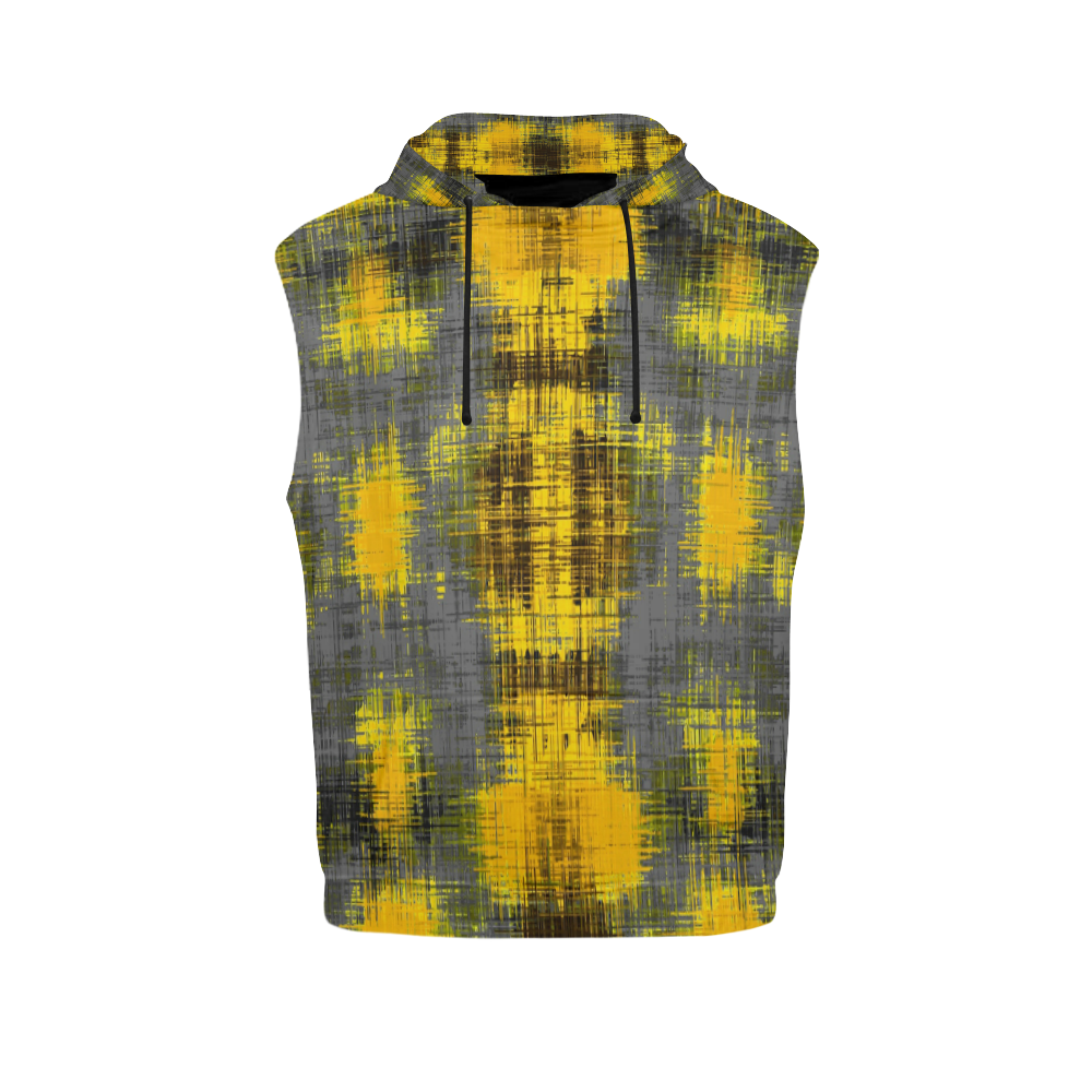 geometric plaid pattern painting abstract in yellow brown and black All Over Print Sleeveless Hoodie for Men (Model H15)