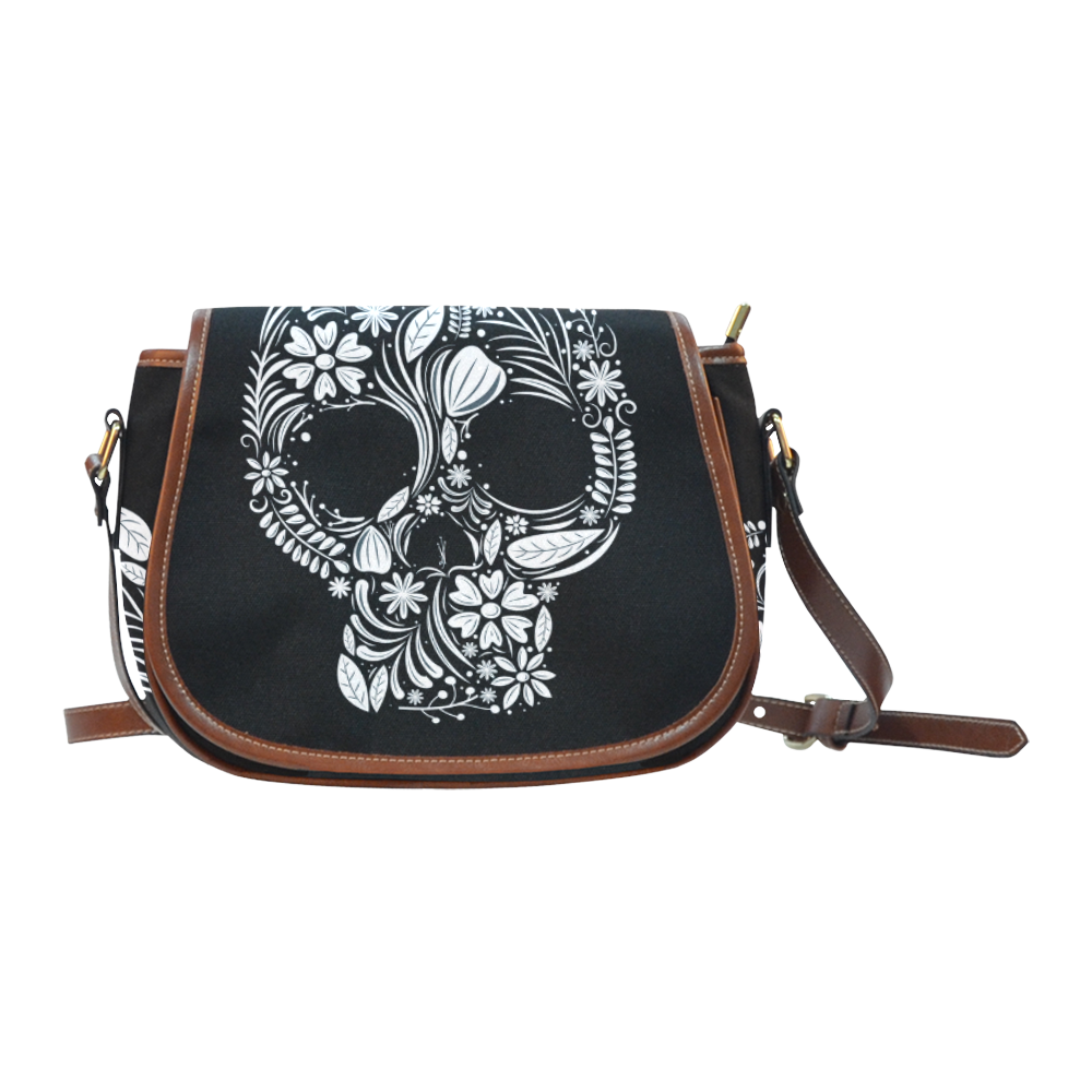 White Floral Dia de los Muertos Skull Saddle Bag/Small (Model 1649) Full Customization