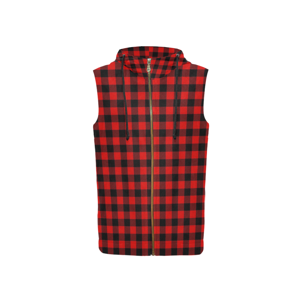 LUMBERJACK Squares Fabric - red black All Over Print Sleeveless Zip Up Hoodie for Women (Model H16)