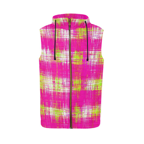 plaid pattern graffiti painting abstract in pink and yellow All Over Print Sleeveless Zip Up Hoodie for Men (Model H16)