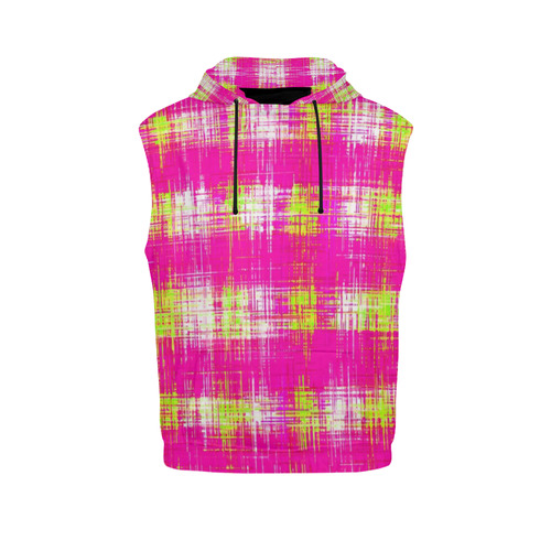 plaid pattern graffiti painting abstract in pink and yellow All Over Print Sleeveless Hoodie for Men (Model H15)