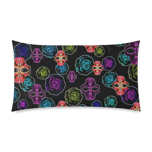 skull art portrait and roses in pink purple blue yellow with black background Custom Rectangle Pillow Case 20"x36" (one side)