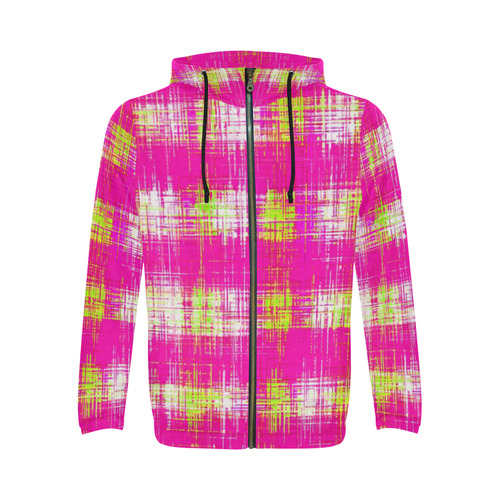 plaid pattern graffiti painting abstract in pink and yellow All Over Print Full Zip Hoodie for Men (Model H14)