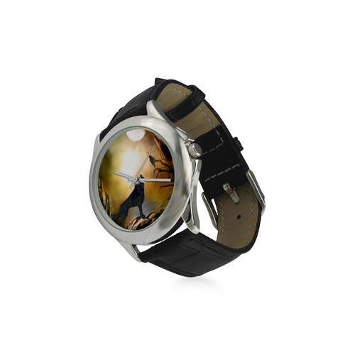 Lonely wolf in the night Women's Classic Leather Strap Watch(Model 203)
