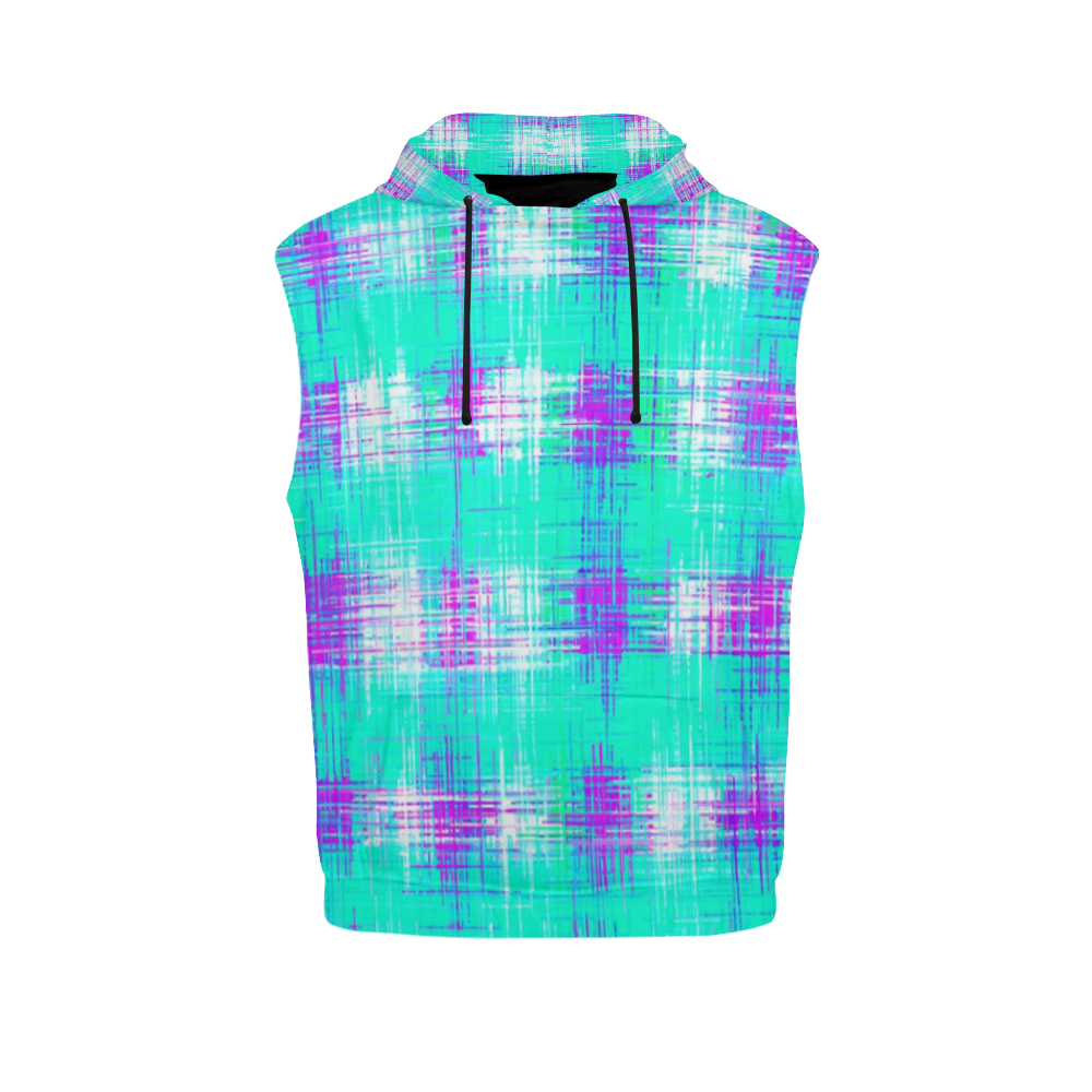 plaid pattern graffiti painting abstract in blue green and pink All Over Print Sleeveless Hoodie for Men (Model H15)