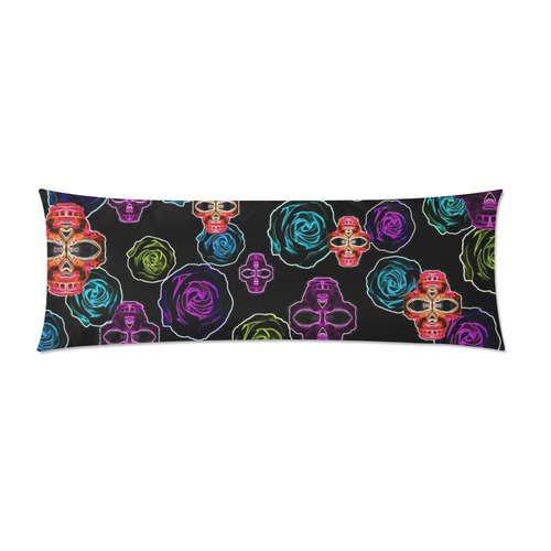 skull art portrait and roses in pink purple blue yellow with black background Custom Zippered Pillow Case 21"x60"(Two Sides)