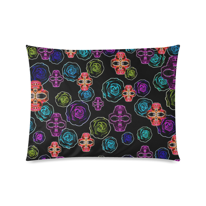 skull art portrait and roses in pink purple blue yellow with black background Custom Picture Pillow Case 20"x26" (one side)