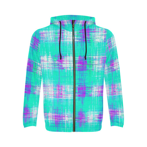 plaid pattern graffiti painting abstract in blue green and pink All Over Print Full Zip Hoodie for Men (Model H14)