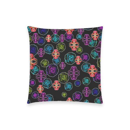 skull art portrait and roses in pink purple blue yellow with black background Custom  Pillow Case 18"x18" (one side) No Zipper