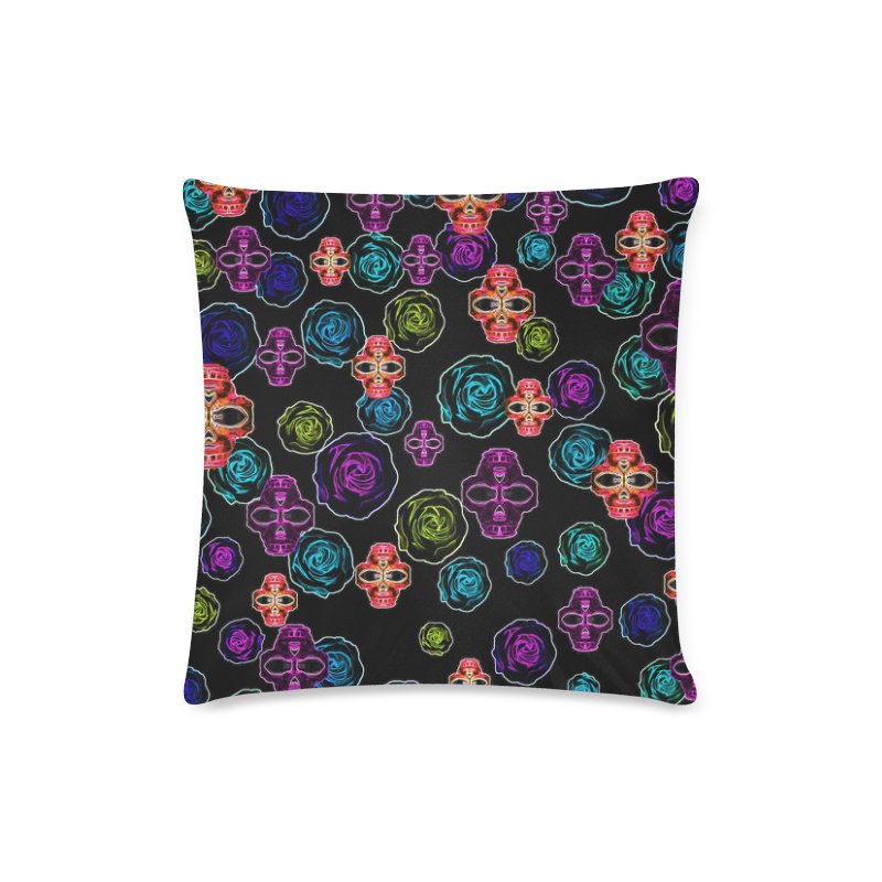 skull art portrait and roses in pink purple blue yellow with black background Custom Zippered Pillow Case 16"x16"(Twin Sides)