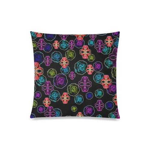 skull art portrait and roses in pink purple blue yellow with black background Custom Zippered Pillow Case 20"x20"(One Side)