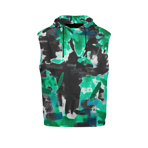 psychedelic vintage camouflage painting texture abstract in green and black All Over Print Sleeveless Hoodie for Men (Model H15)