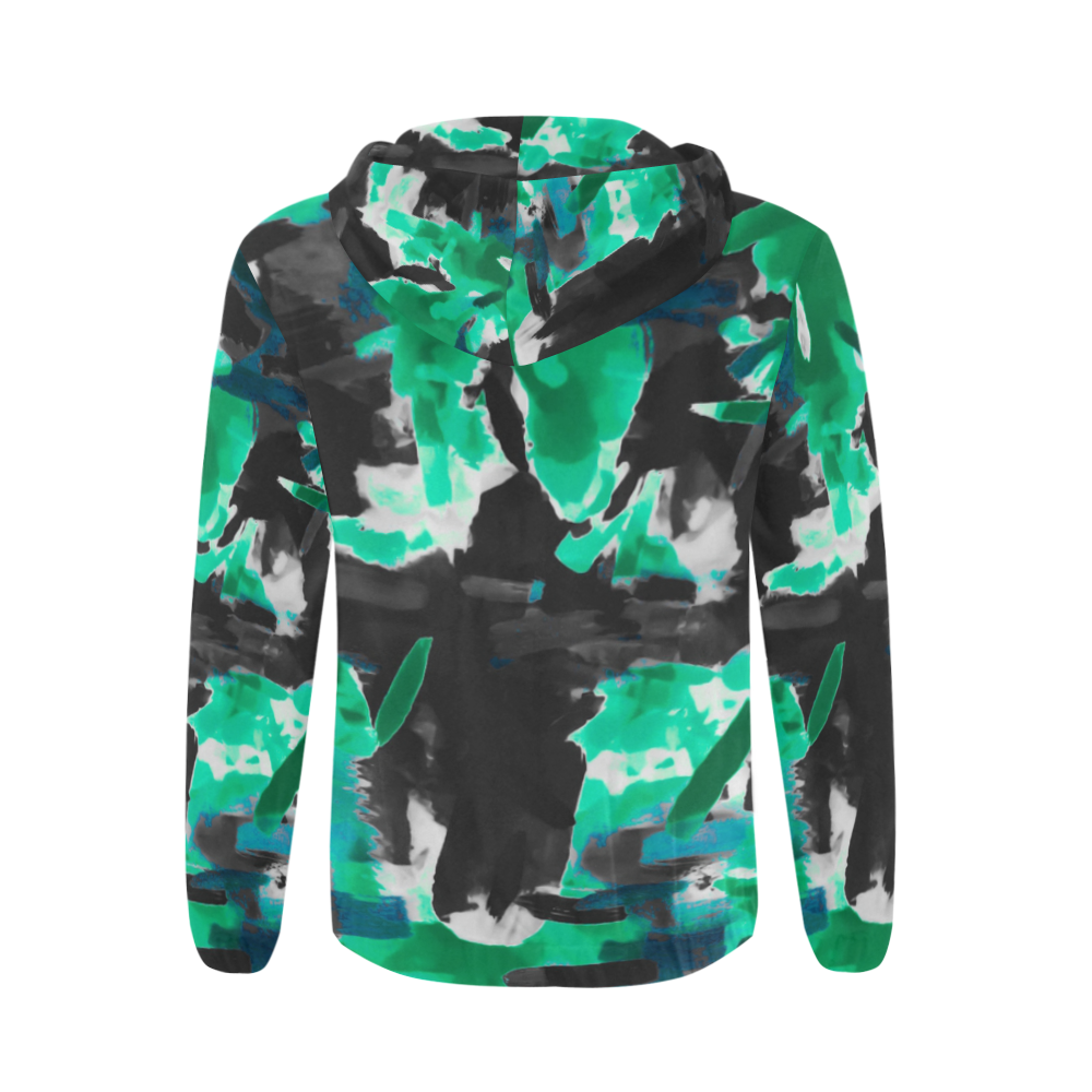 psychedelic vintage camouflage painting texture abstract in green and black All Over Print Full Zip Hoodie for Men (Model H14)