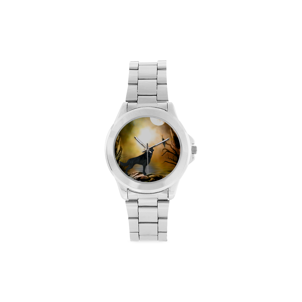 Lonely wolf in the night Unisex Stainless Steel Watch(Model 103)