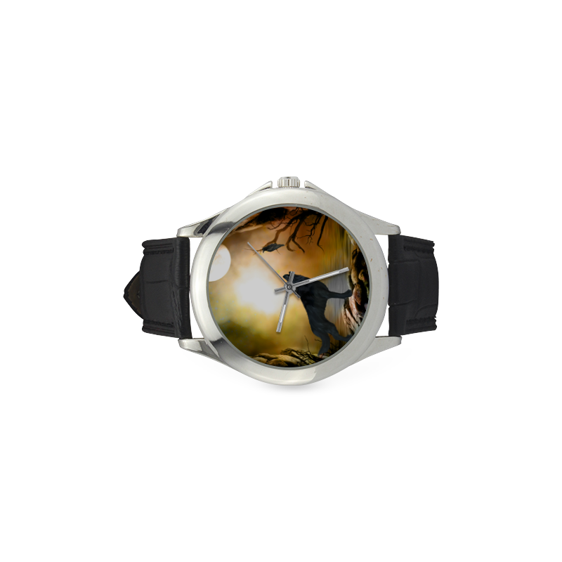 Lonely wolf in the night Women's Classic Leather Strap Watch(Model 203)