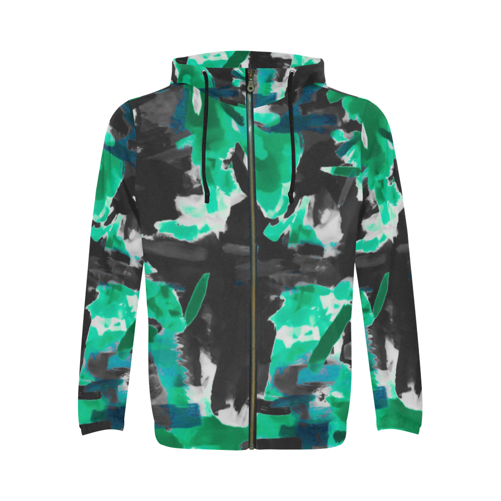 psychedelic vintage camouflage painting texture abstract in green and black All Over Print Full Zip Hoodie for Men (Model H14)