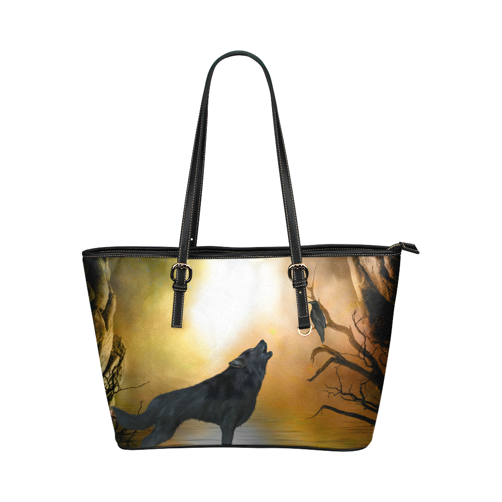 Lonely wolf in the night Leather Tote Bag/Large (Model 1651)