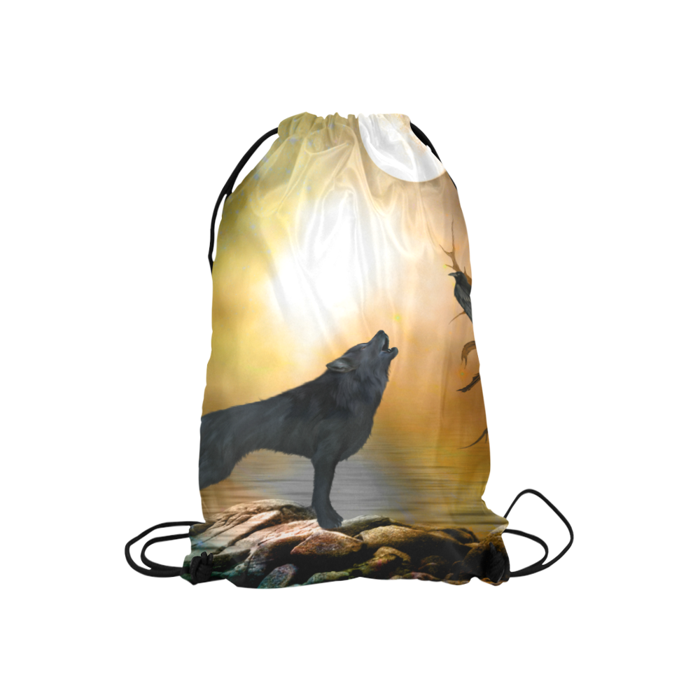 Lonely wolf in the night Small Drawstring Bag Model 1604 (Twin Sides) 11"(W) * 17.7"(H)