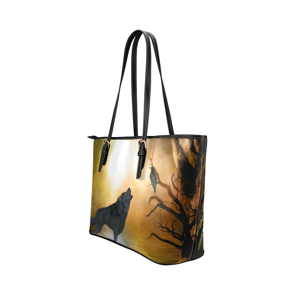 Lonely wolf in the night Leather Tote Bag/Large (Model 1651)