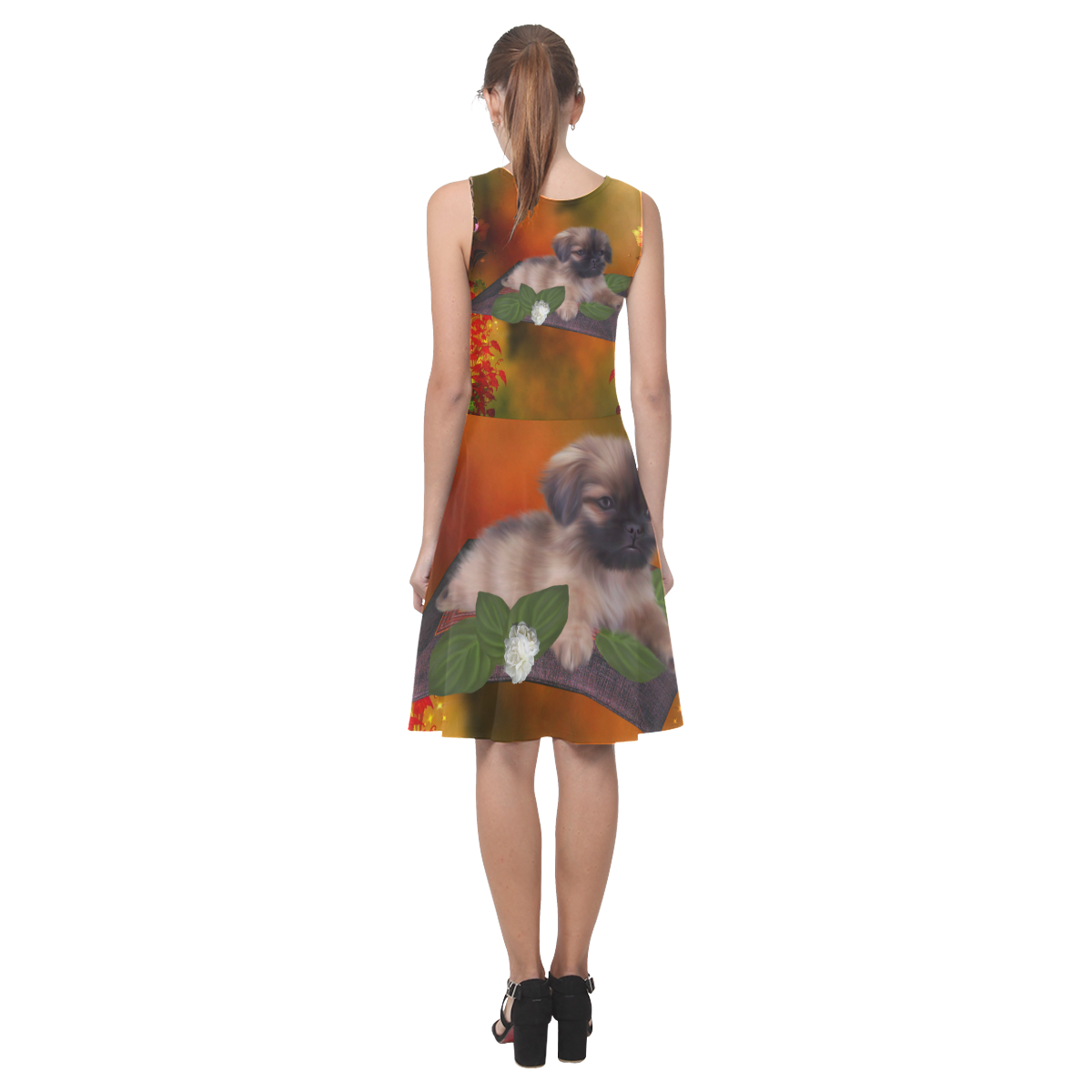 Cute lttle pekinese, dog Atalanta Casual Sundress(Model D04)