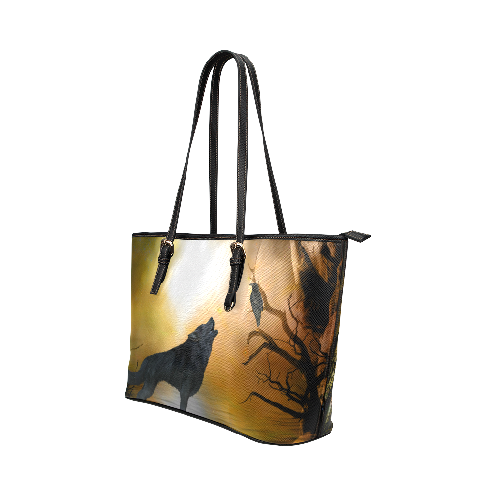 Lonely wolf in the night Leather Tote Bag/Large (Model 1651)