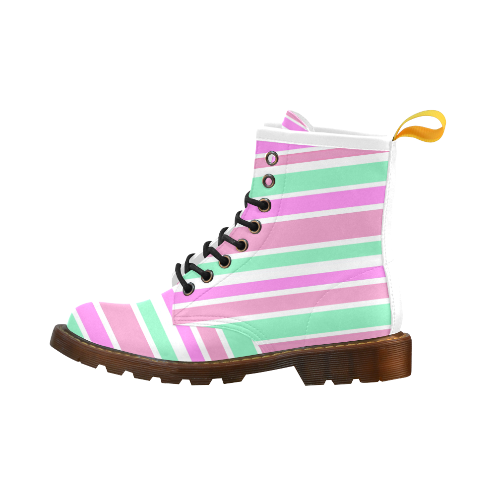 Pink Green Stripes Pattern High Grade PU Leather Martin Boots For Women Model 402H