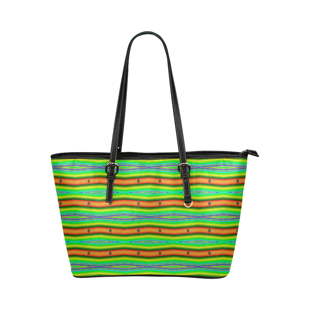 Bright Green Orange Stripes Pattern Abstract Leather Tote Bag/Small (Model 1651)