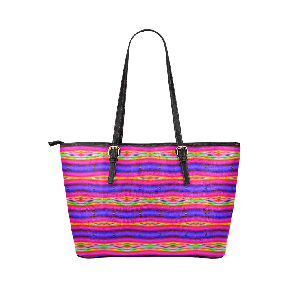 Bright Pink Purple Stripe Abstract Leather Tote Bag/Small (Model 1651)