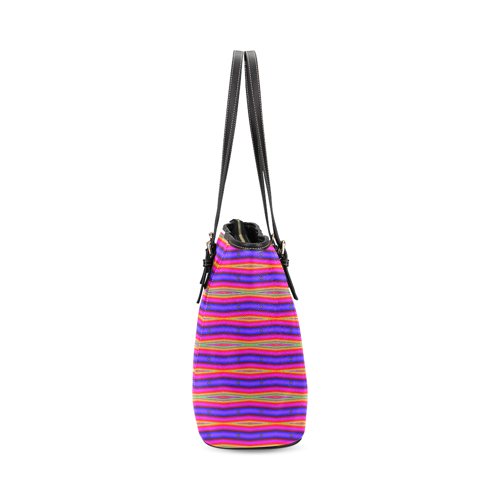 Bright Pink Purple Stripe Abstract Leather Tote Bag/Small (Model 1640)