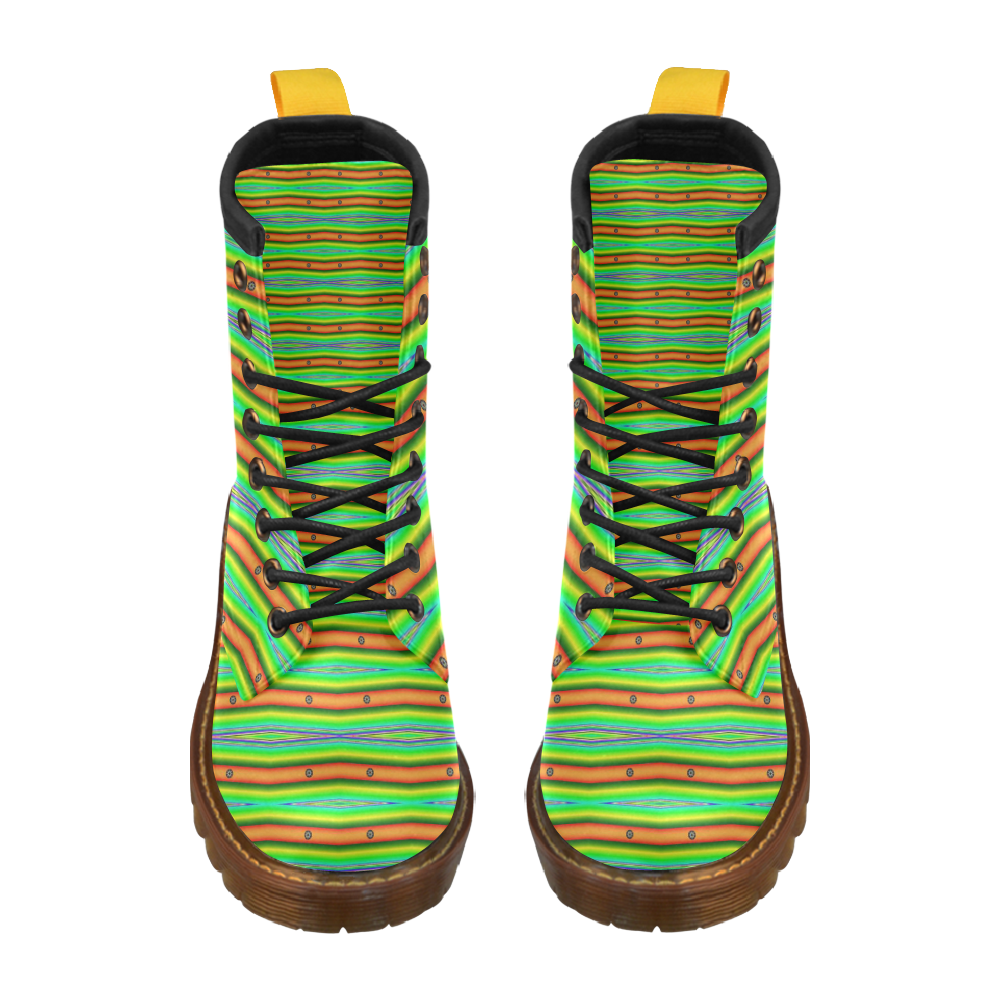 Bright Green Orange Stripes Pattern Abstract High Grade PU Leather Martin Boots For Women Model 402H