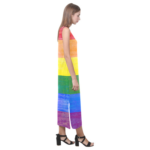 Rainbow Flag Colored Stripes Grunge Phaedra Sleeveless Open Fork Long Dress (Model D08)