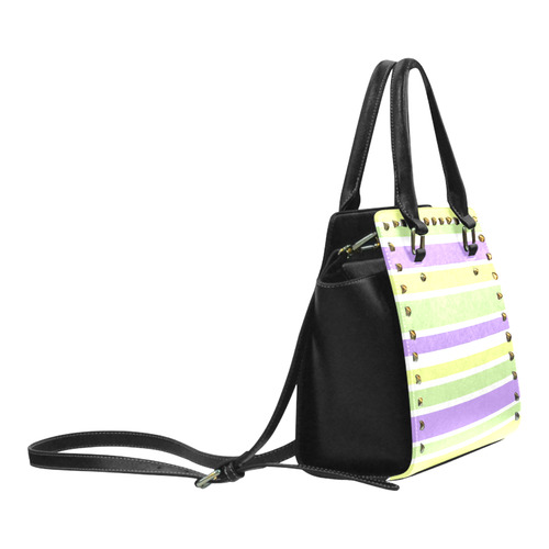 Yellow Green Purple Stripes Pattern Rivet Shoulder Handbag (Model 1645)