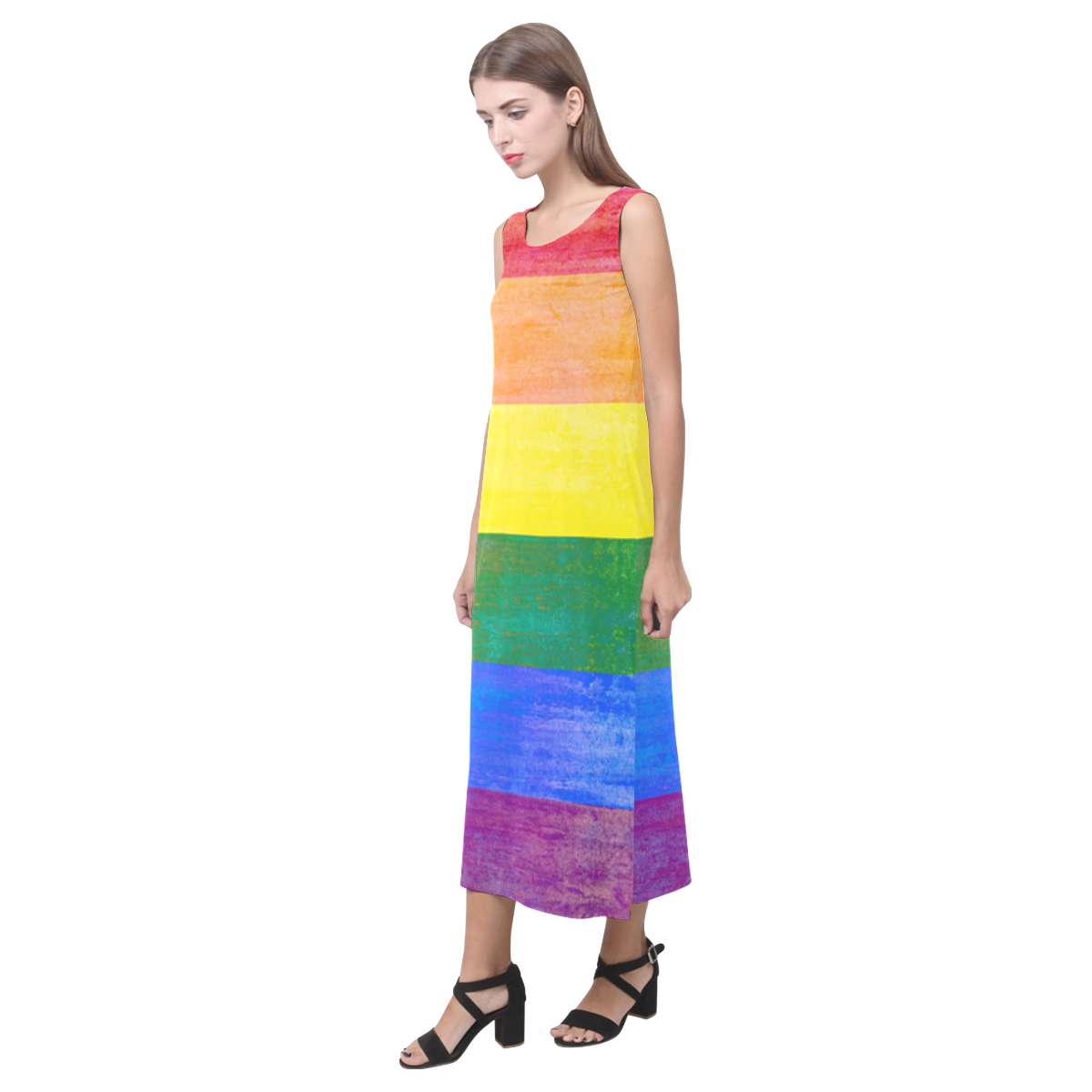 Rainbow Flag Colored Stripes Grunge Phaedra Sleeveless Open Fork Long Dress (Model D08)