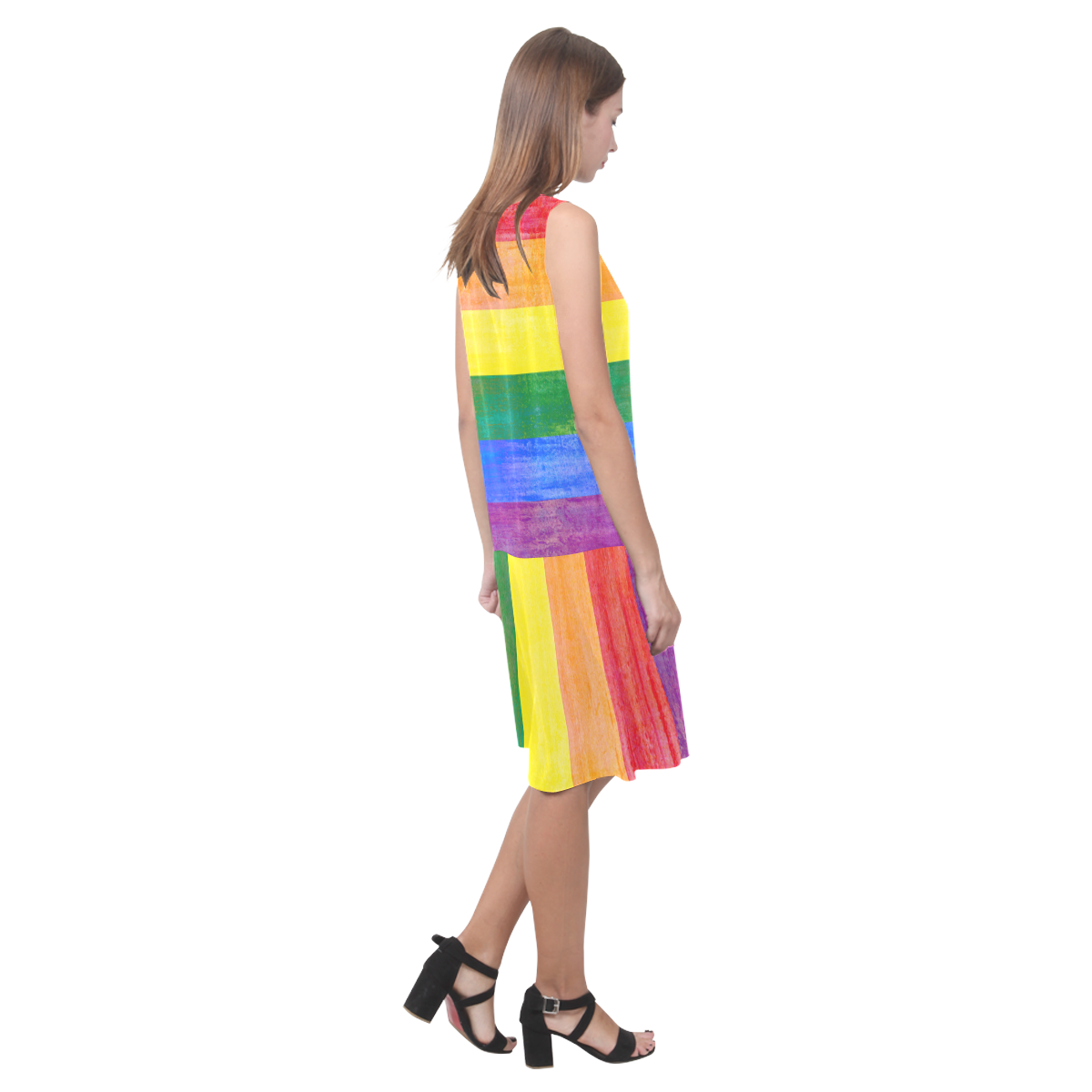 Rainbow Flag Colored Stripes Grunge Sleeveless Splicing Shift Dress(Model D17)
