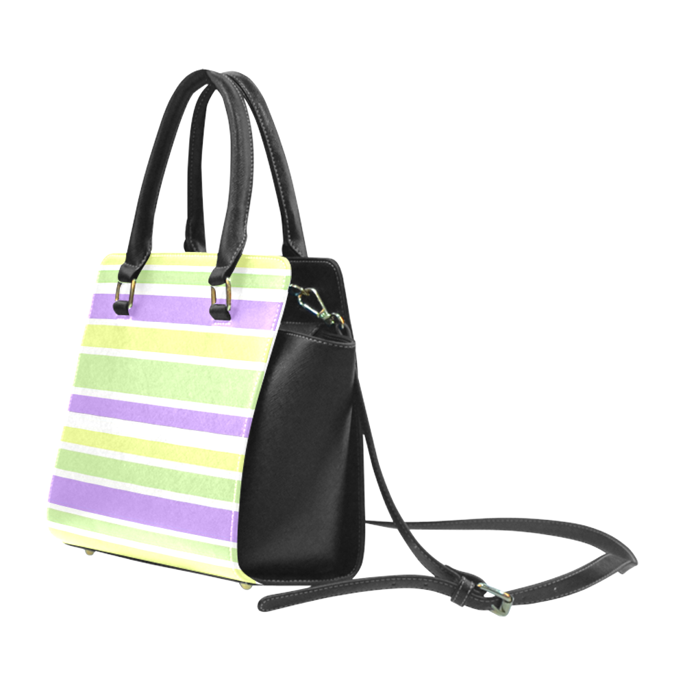 Yellow Green Purple Stripes Pattern Rivet Shoulder Handbag (Model 1645)