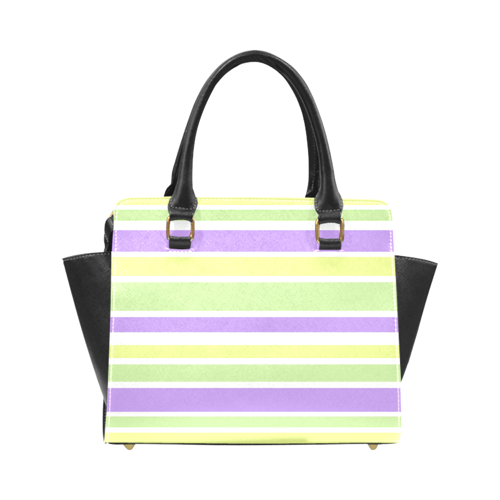 Yellow Green Purple Stripes Pattern Rivet Shoulder Handbag (Model 1645)