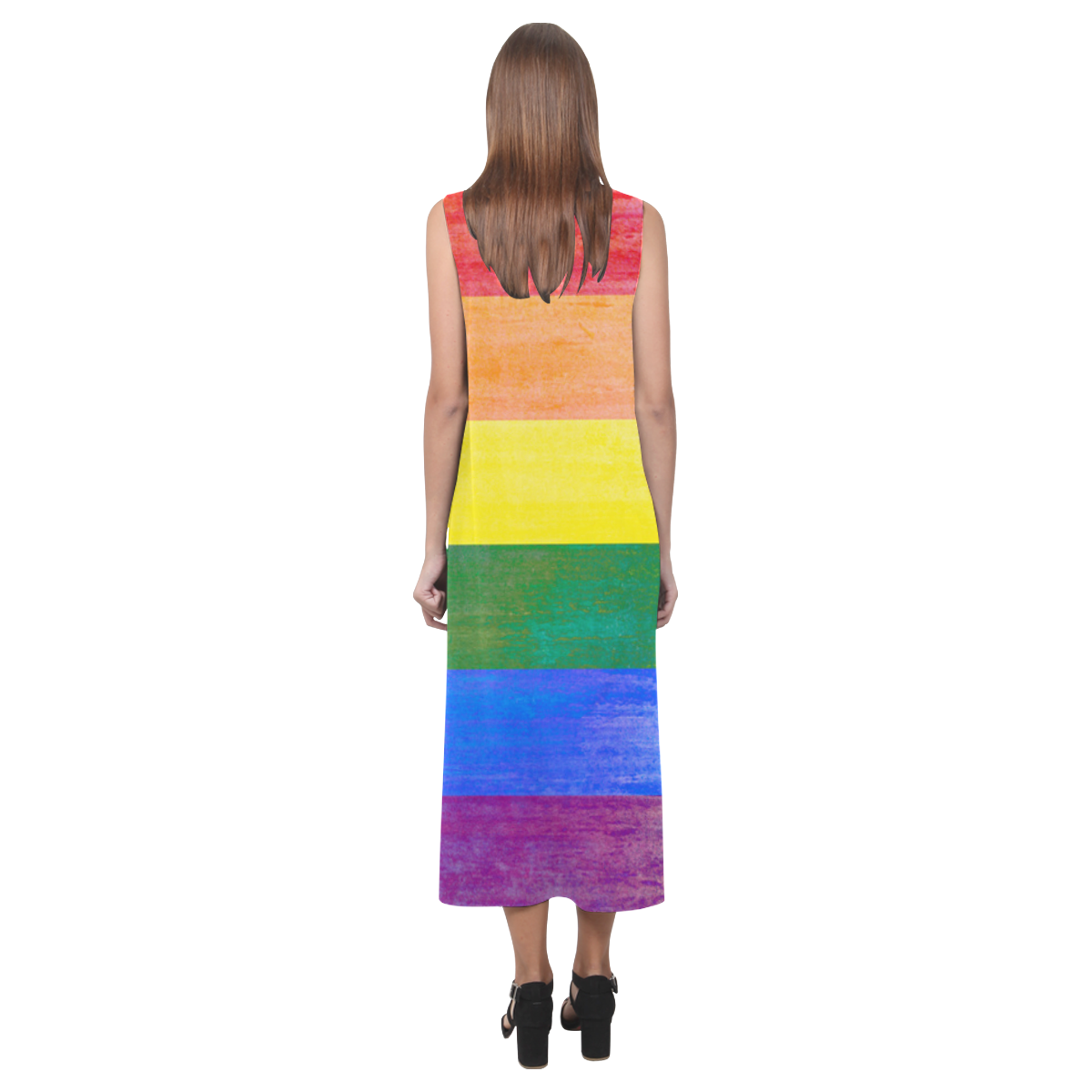 Rainbow Flag Colored Stripes Grunge Phaedra Sleeveless Open Fork Long Dress (Model D08)