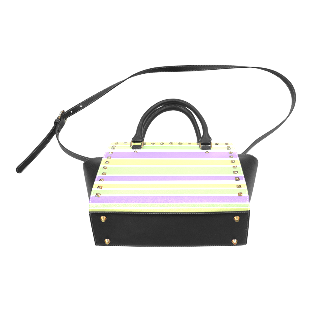 Yellow Green Purple Stripes Pattern Rivet Shoulder Handbag (Model 1645)