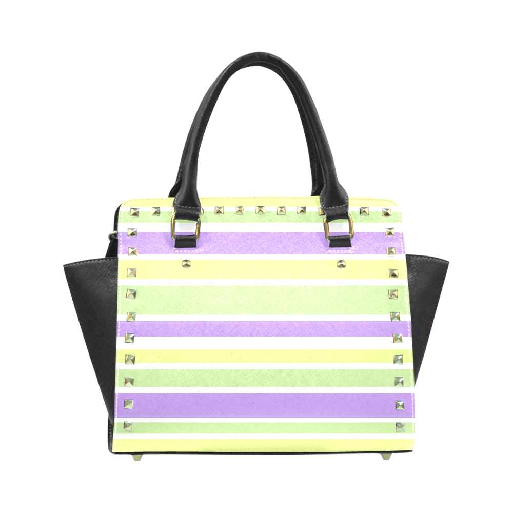 Yellow Green Purple Stripes Pattern Rivet Shoulder Handbag (Model 1645)