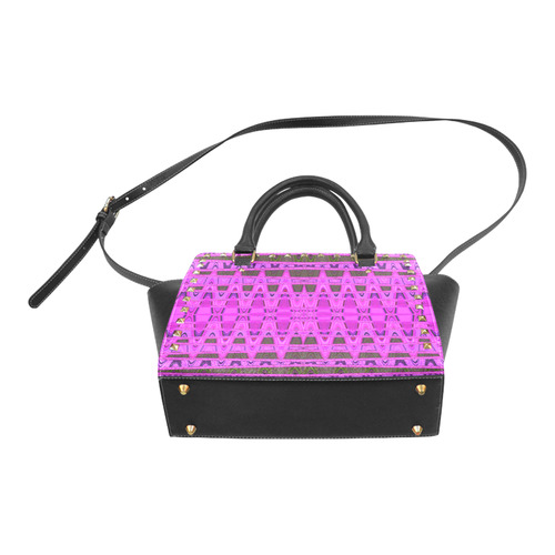 Bright Pink Black Abstract Pattern Rivet Shoulder Handbag (Model 1645)