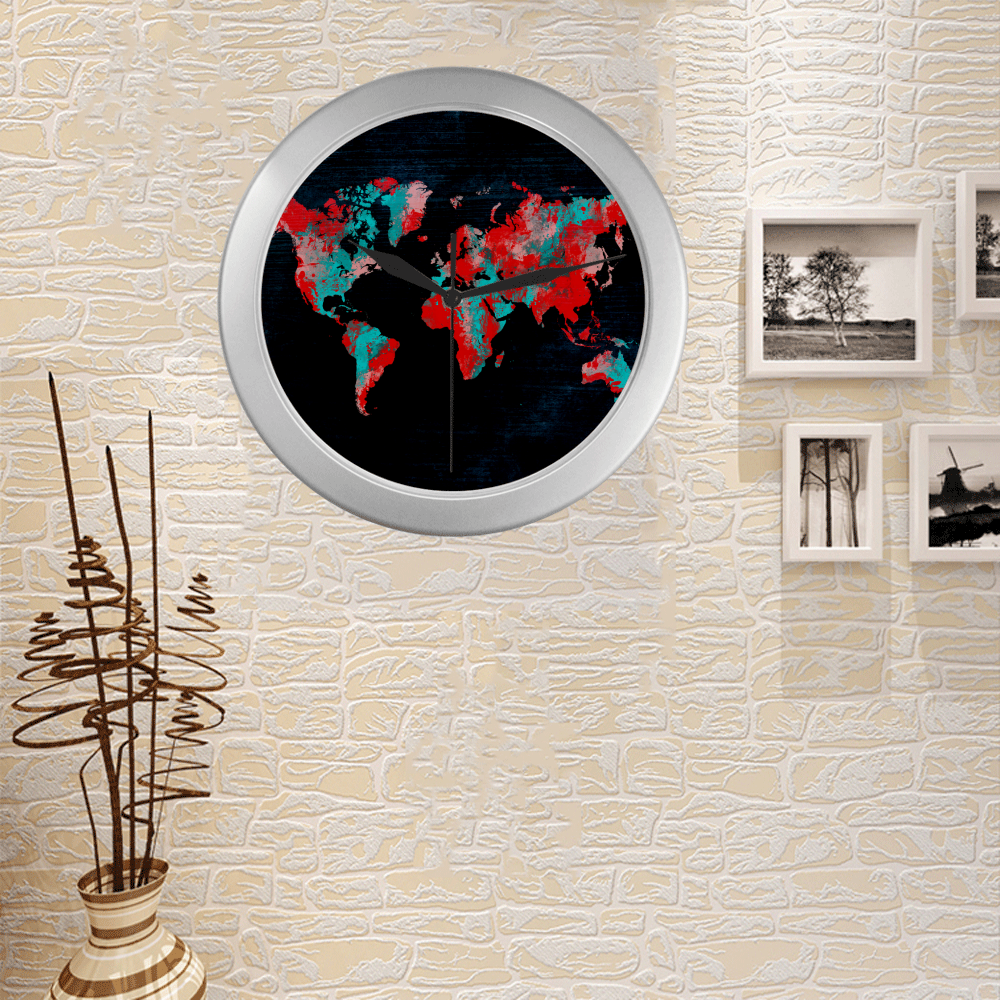world map Silver Color Wall Clock