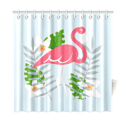 Flamingo Tropical Floral Blue Background Shower Curtain 72"x72"