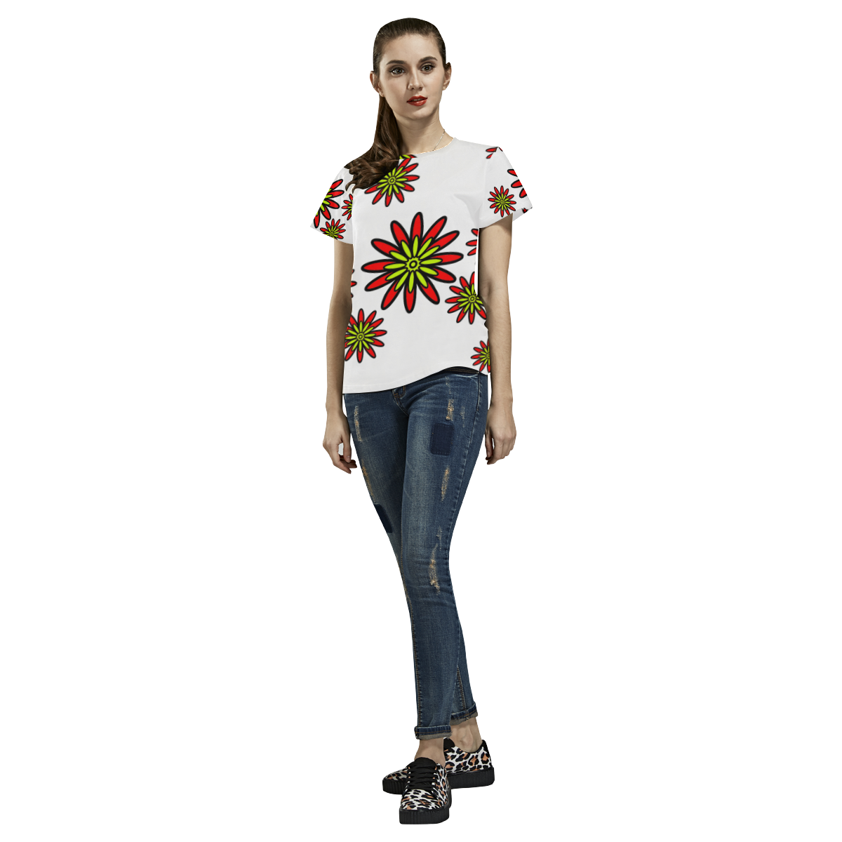 Red Flowers All Over Print T-Shirt for Women (USA Size) (Model T40)