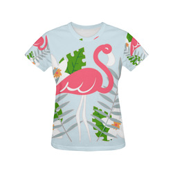 Flamingo Tropical Floral Blue Background All Over Print T-Shirt for Women (USA Size) (Model T40)