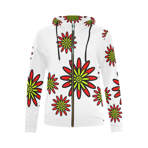 Red Flowers All Over Print Full Zip Hoodie for Women (Model H14)