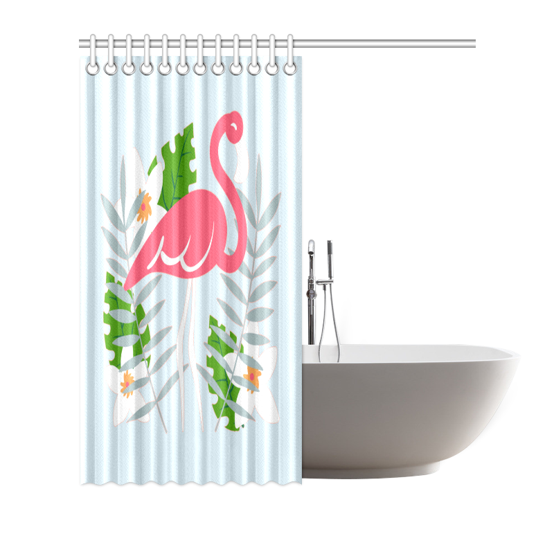 Flamingo Tropical Floral Blue Background Shower Curtain 72"x72"
